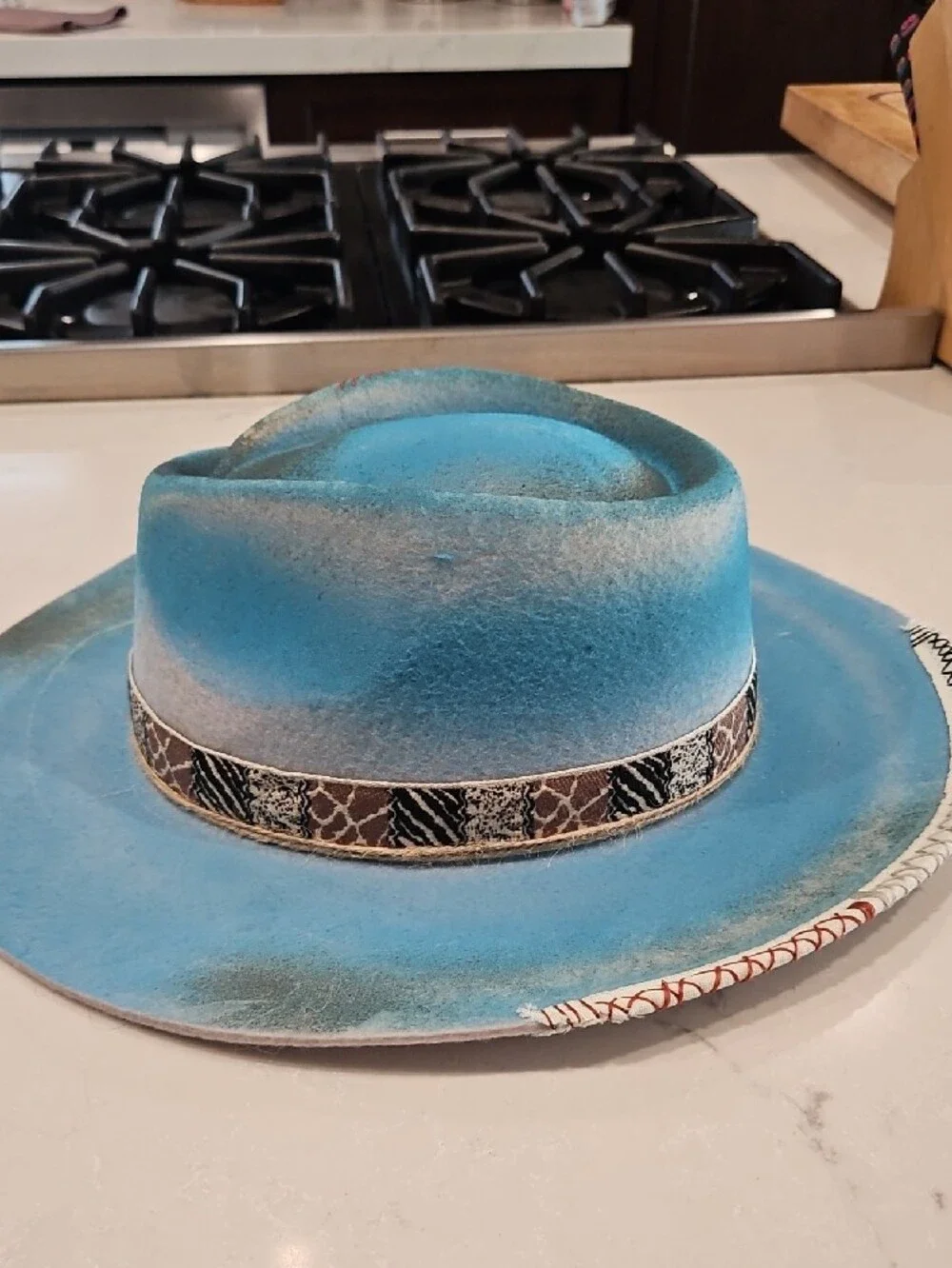 Turquoise Felt Western/ Fedora Hat with Patterned Band and Feather